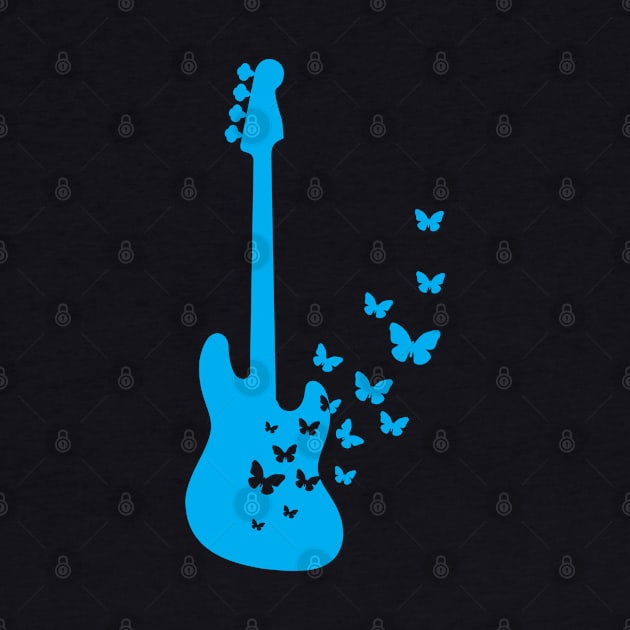 Bass Guitar Silhouette Turning Into Butterflies Blue by nightsworthy